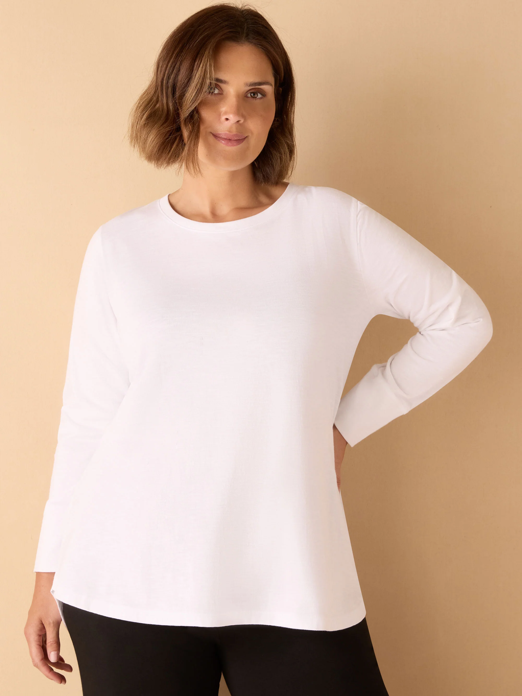 White Cotton Slub Crew Neck Long Sleeve T-Shirt - Image 5