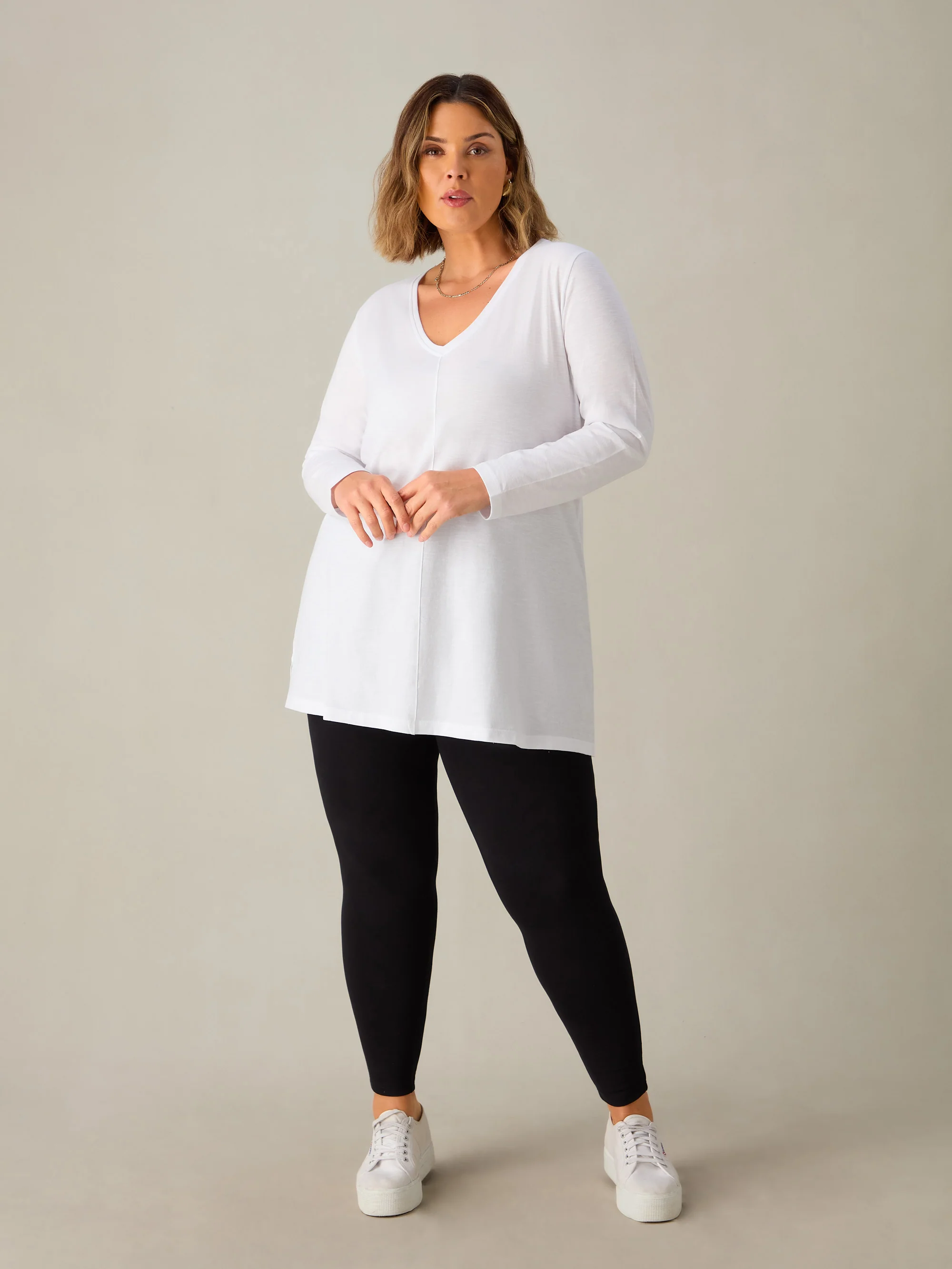 White Cotton Slub Long Sleeve Longline T-Shirt - Image 2