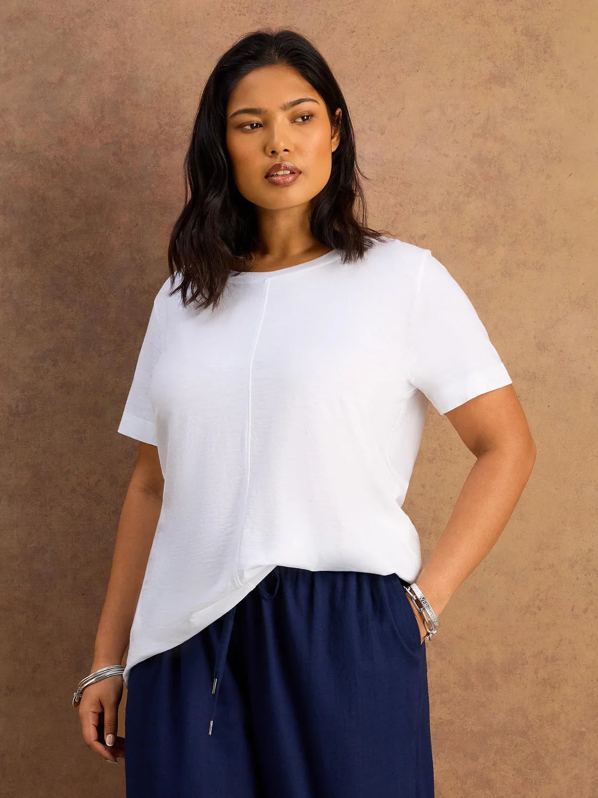 White Cotton Slub Round Neck Seam Detail T-Shirt - Image 2