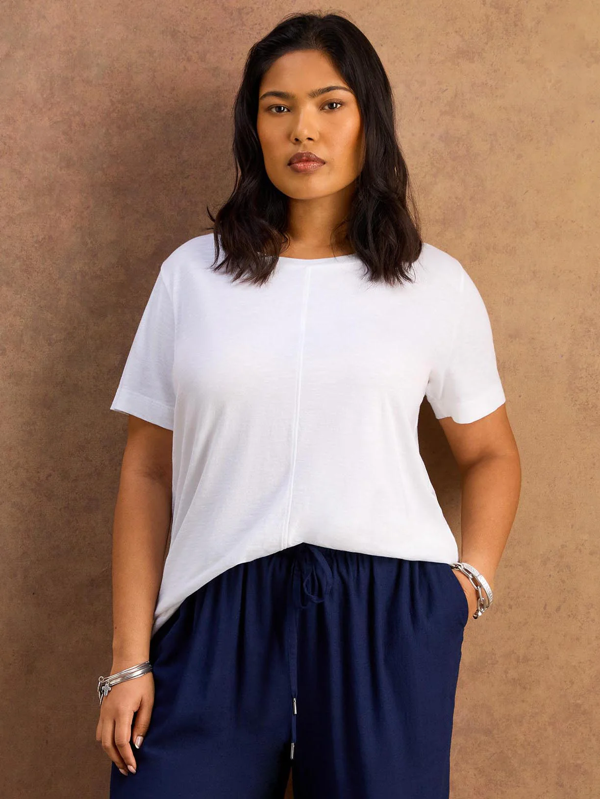 White Cotton Slub Round Neck Seam Detail T-Shirt - Image 4