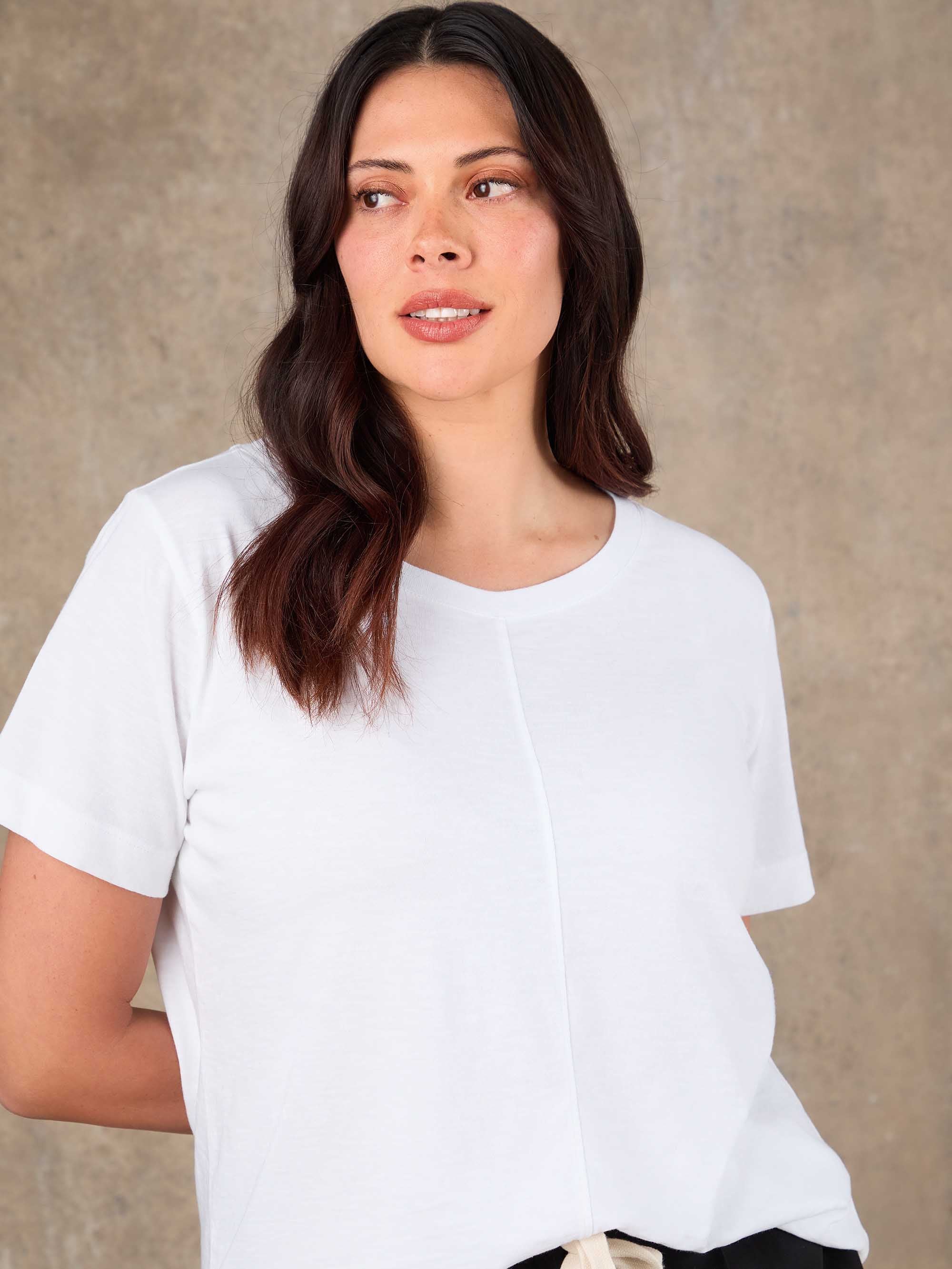 White Cotton Slub Round Neck Seam Detail T-Shirt - Image 6