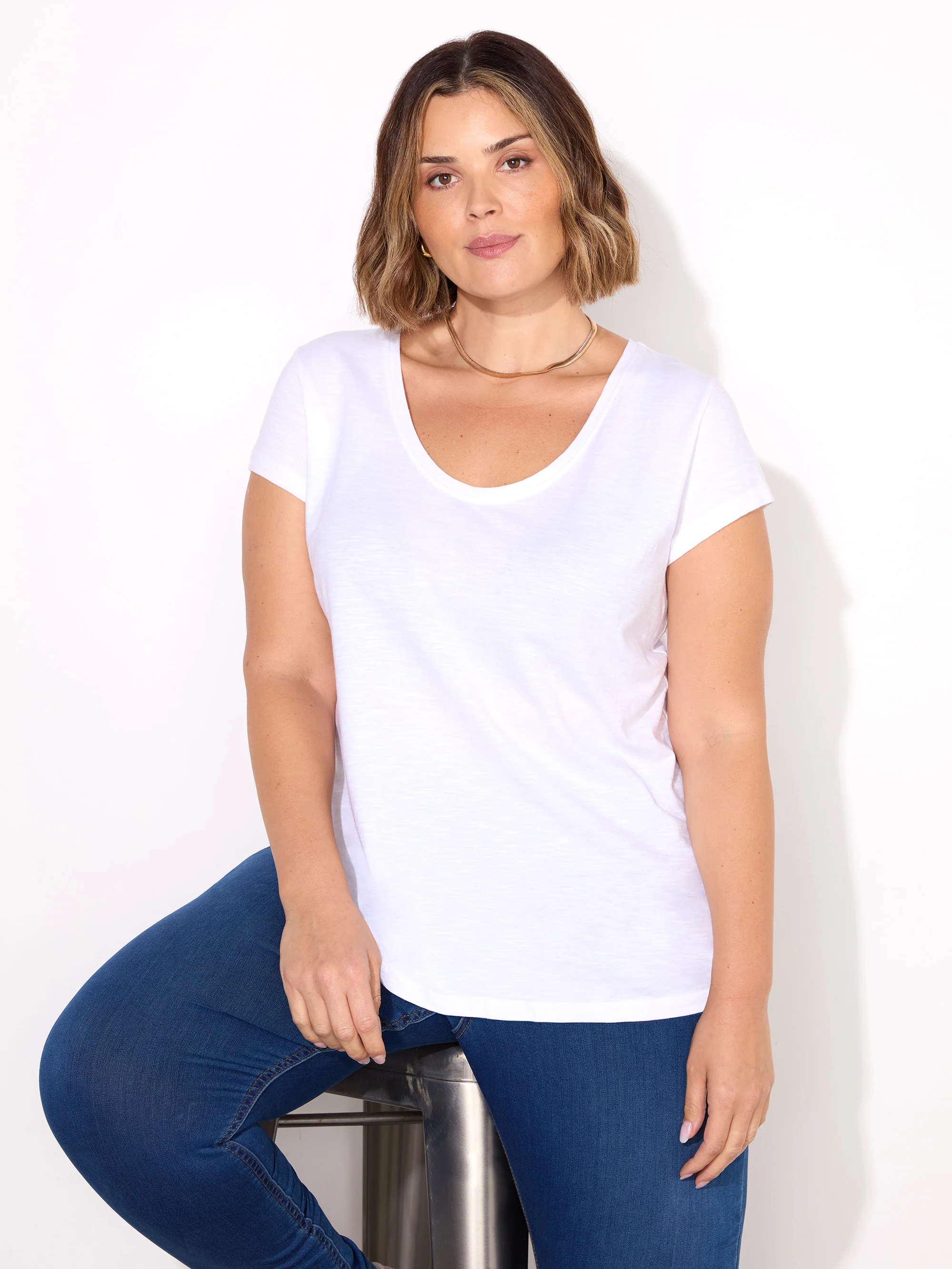 White Cotton Slub Scoop Neck T-Shirt - Image 4