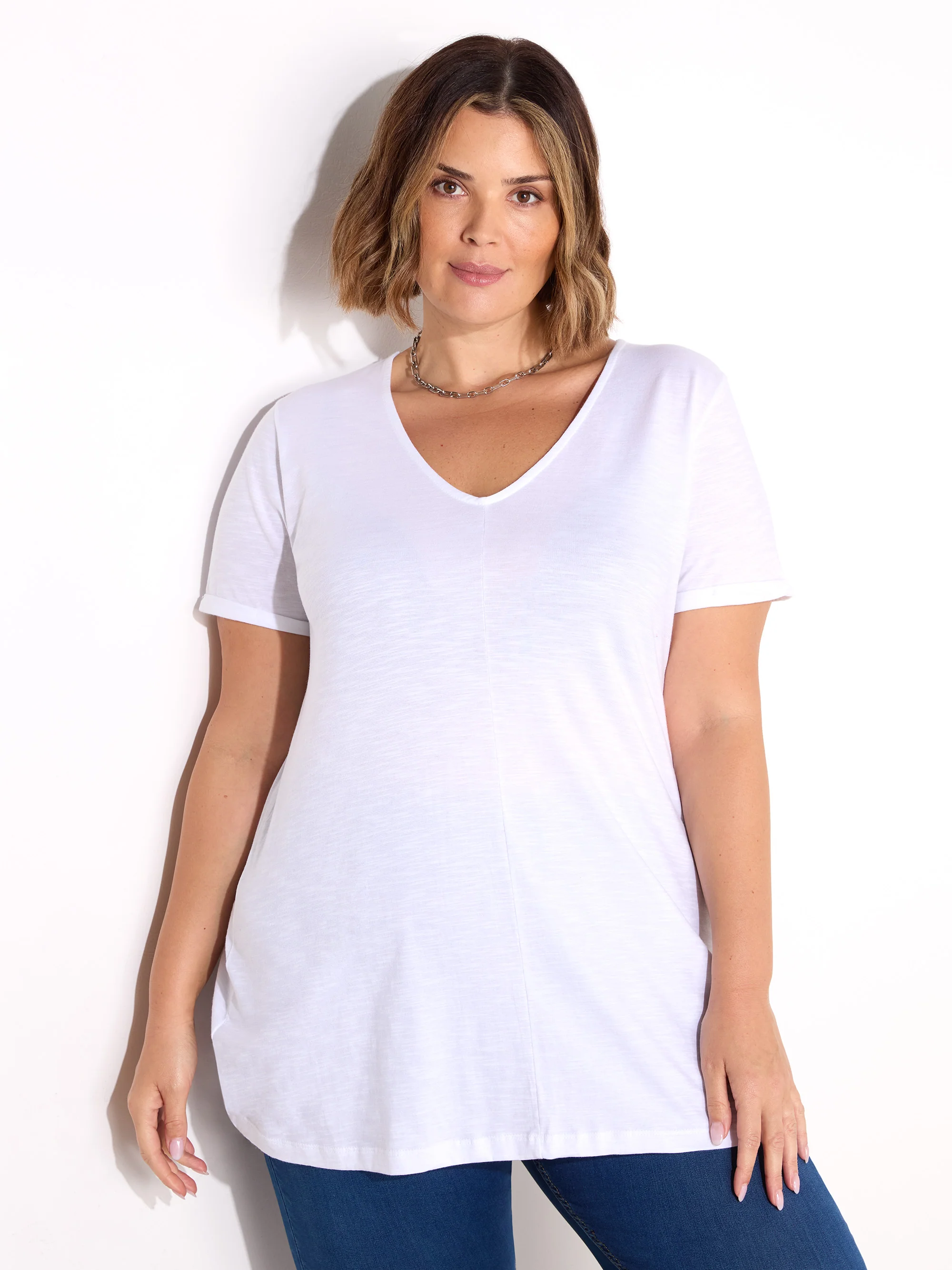 White Cotton Slub V-Neck Longline T-Shirt - Image 4