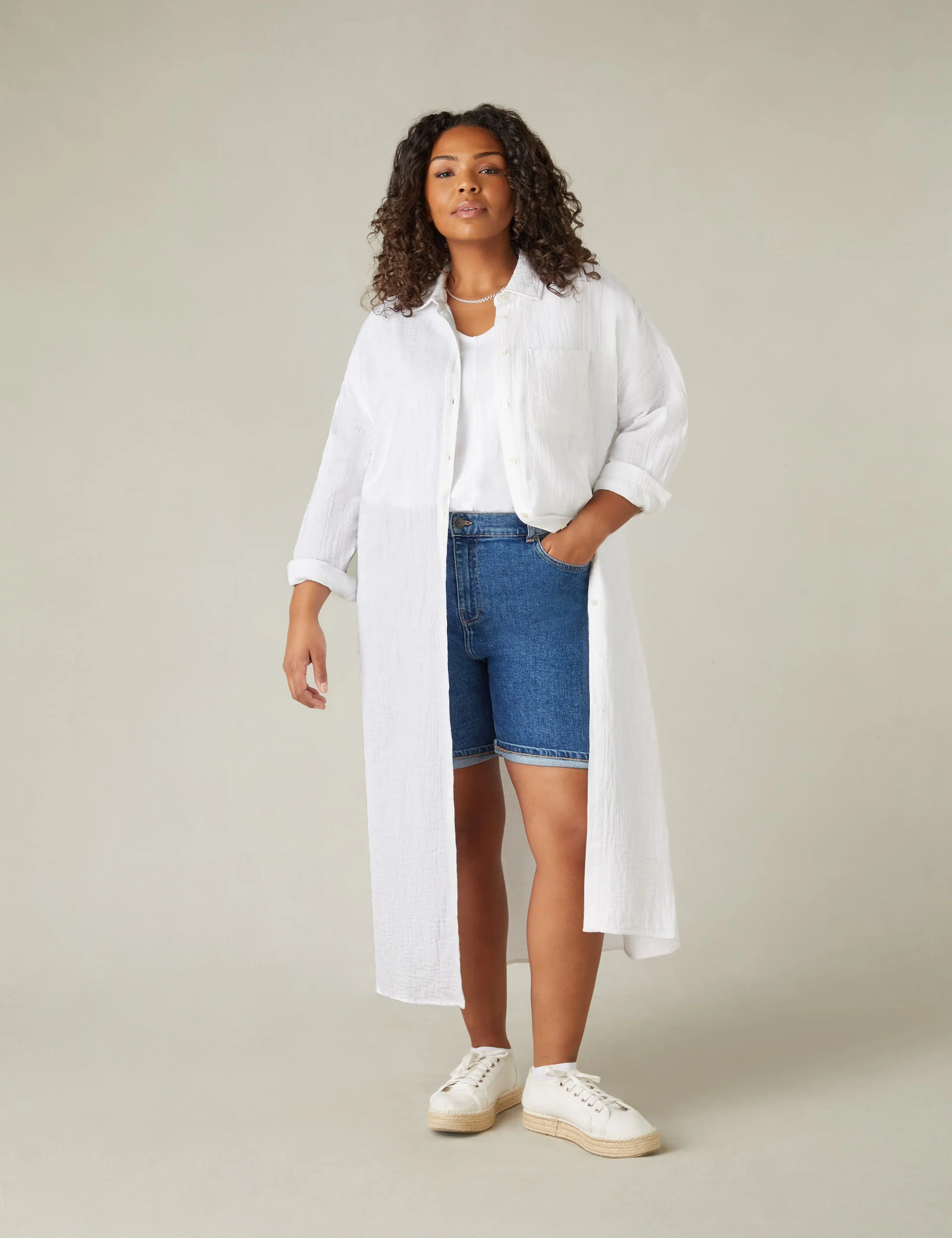 White Cotton Textured Maxi Shirt - Image 2