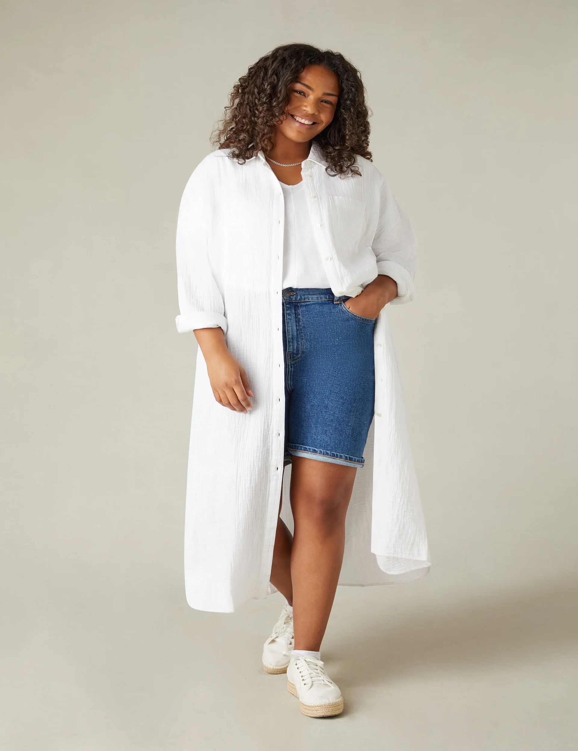 White Cotton Textured Maxi Shirt - Image 3