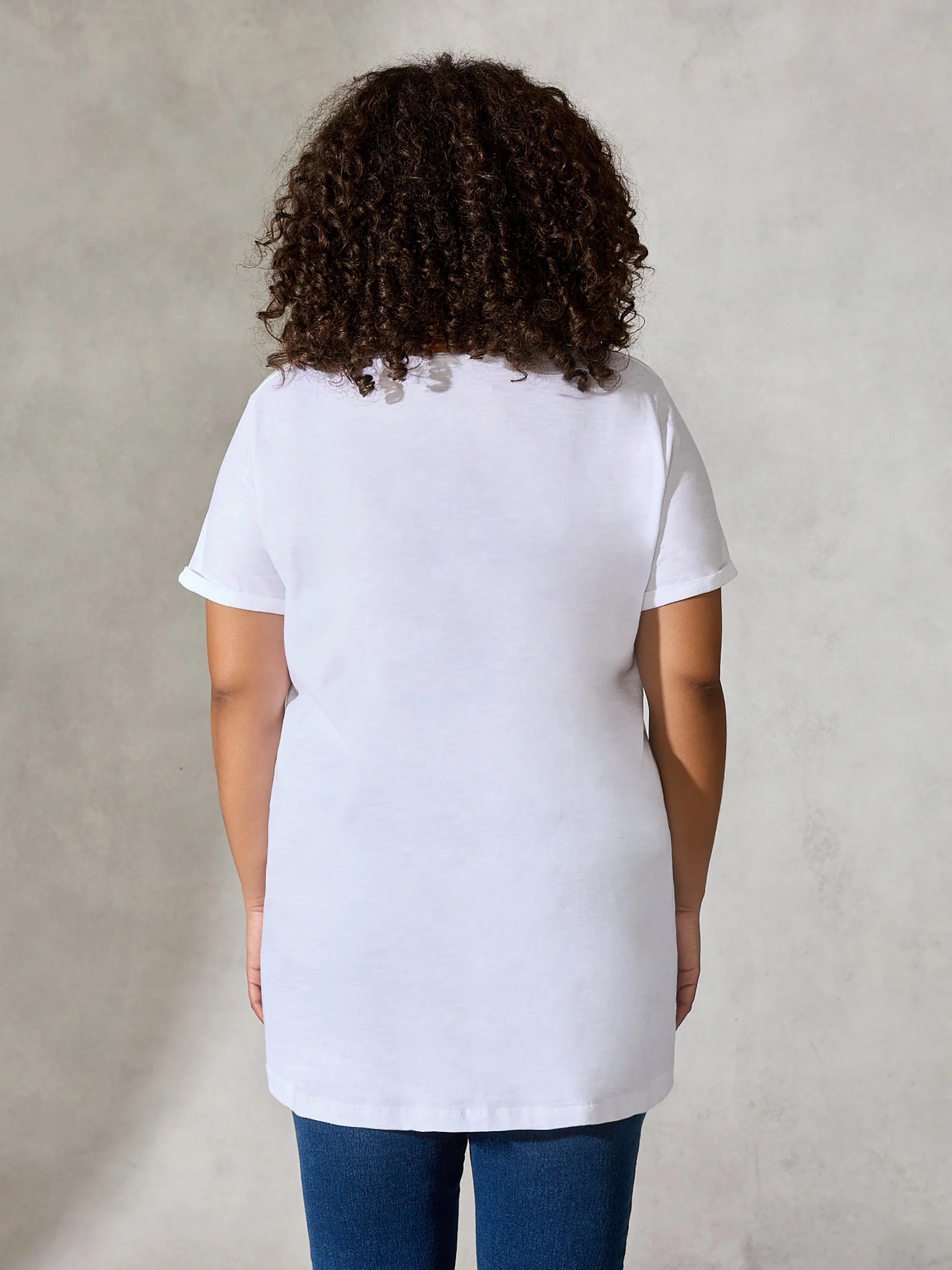 White Cotton Textured V-Neck Long Line T-shirt - Image 2