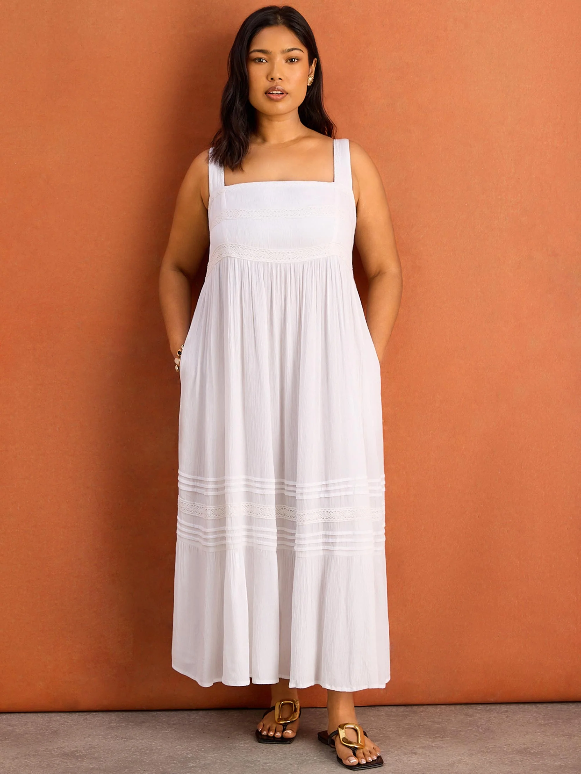 White Crinkle Pintuck Lace Trim Midaxi Dress - Image 2