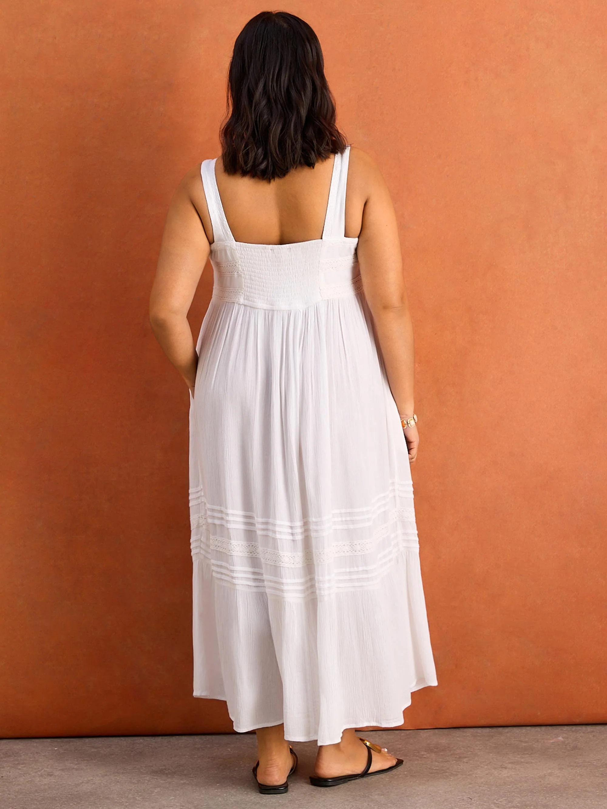 White Crinkle Pintuck Lace Trim Midaxi Dress - Image 5