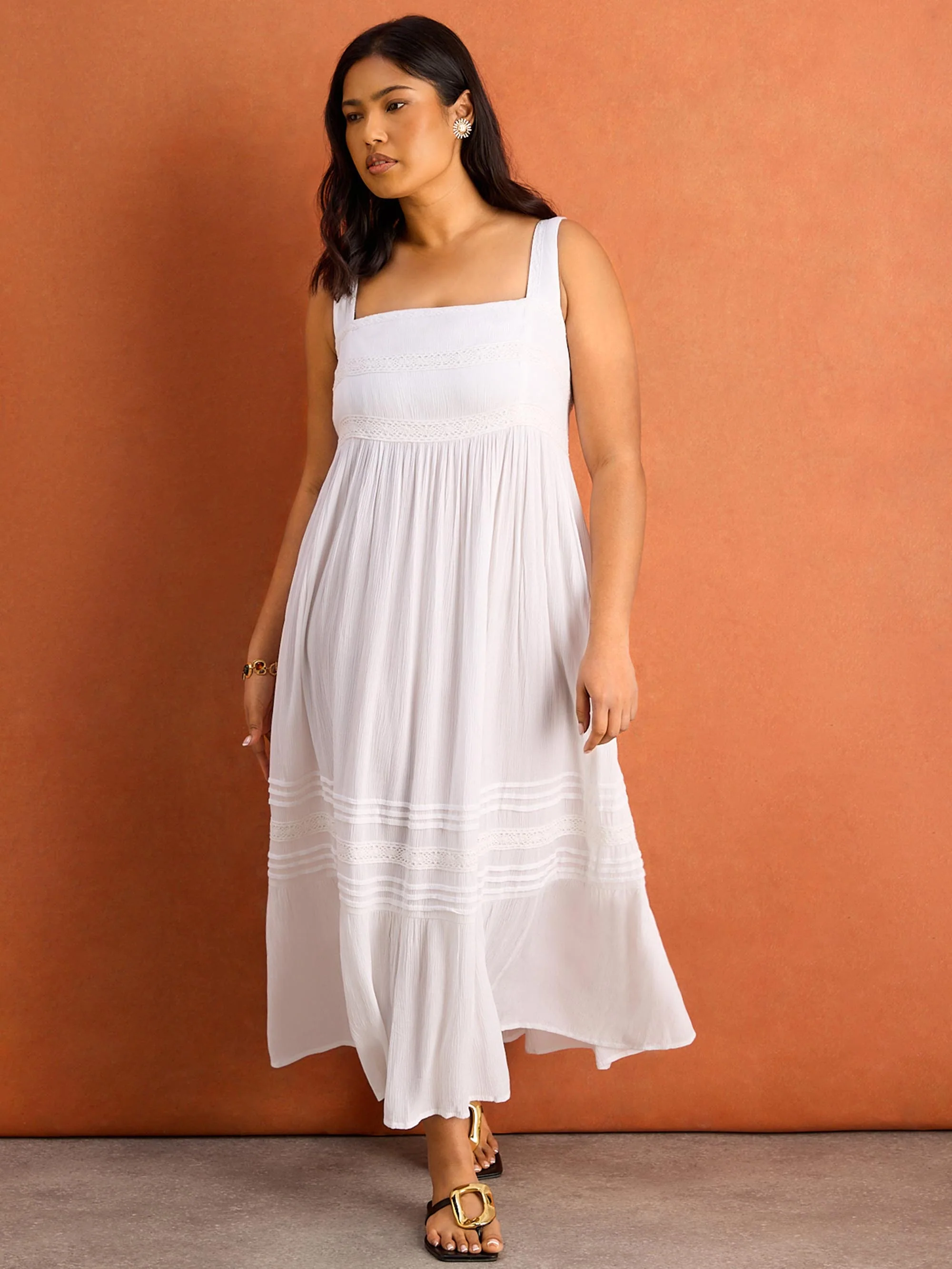 White Crinkle Pintuck Lace Trim Midaxi Dress - Image 6