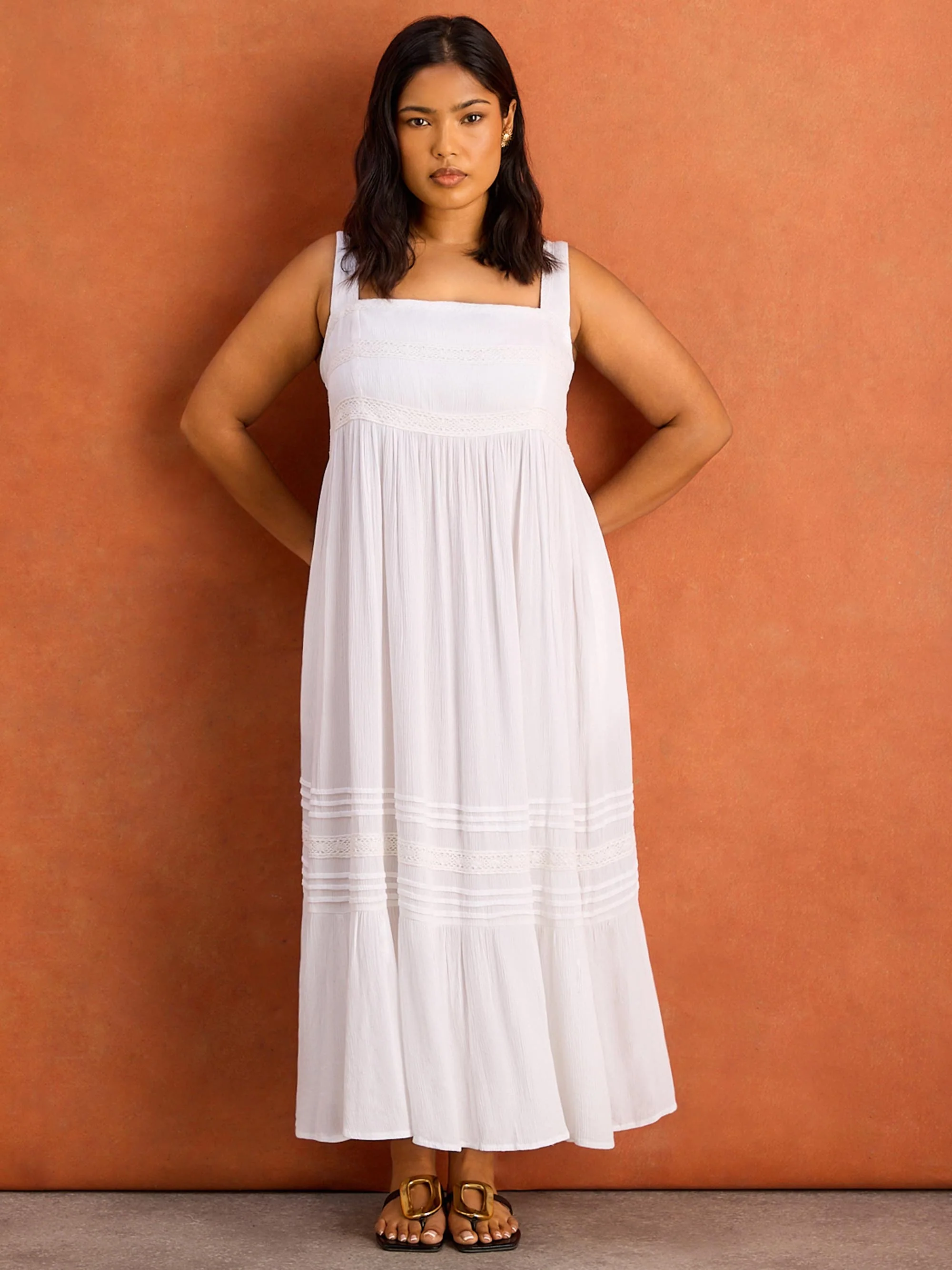 White Crinkle Pintuck Lace Trim Midaxi Dress - Image 7
