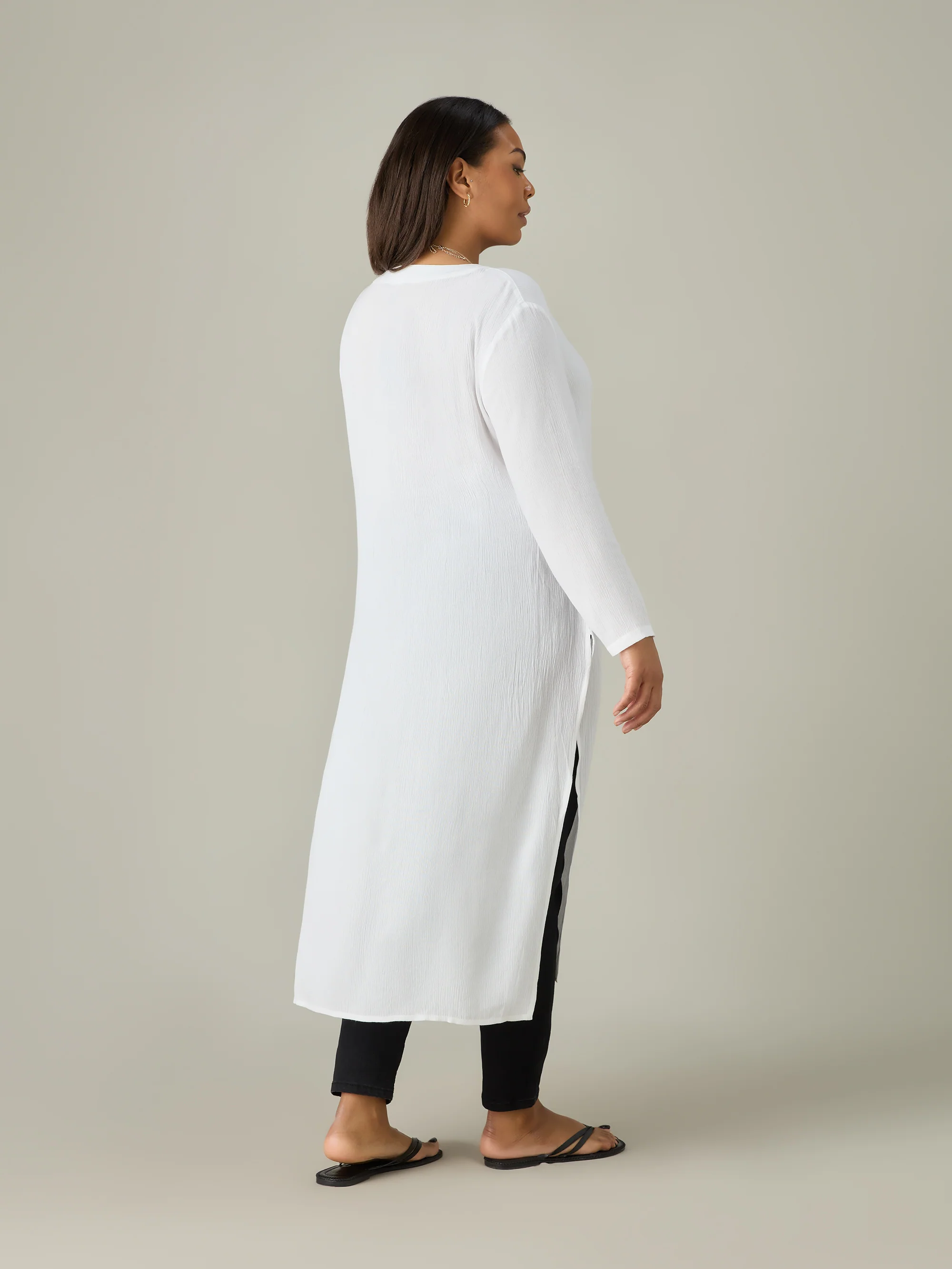White Crinkle Split Front Longline Tunic - Image 2