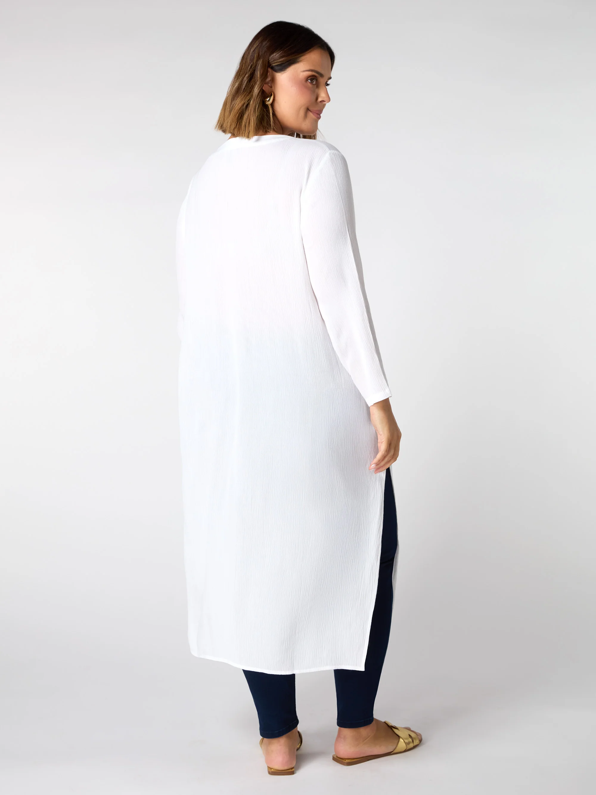 White Crinkle Split Front Longline Tunic - Image 3