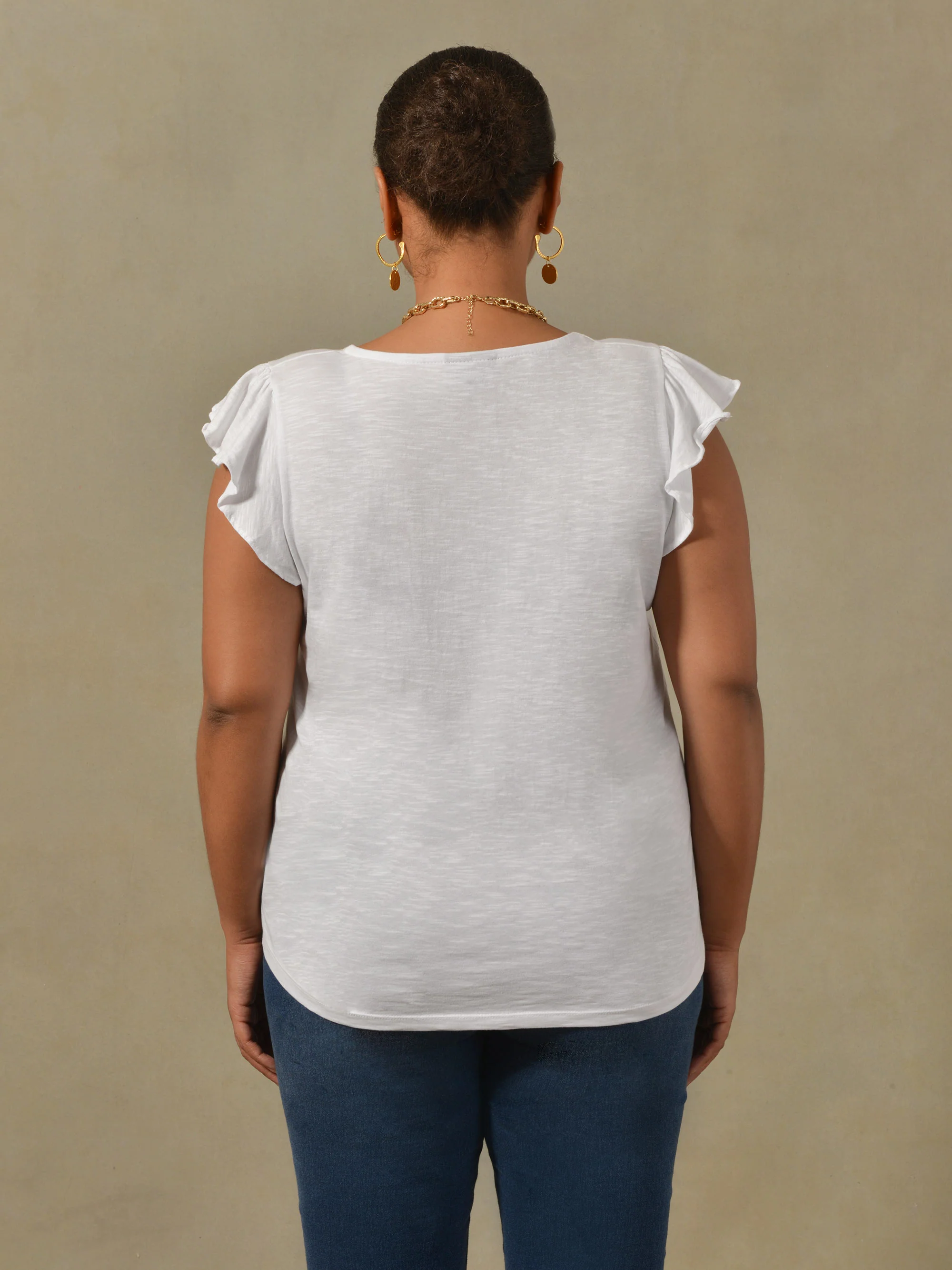 White Frill Sleeve Cotton Textured T-shirt - Image 3