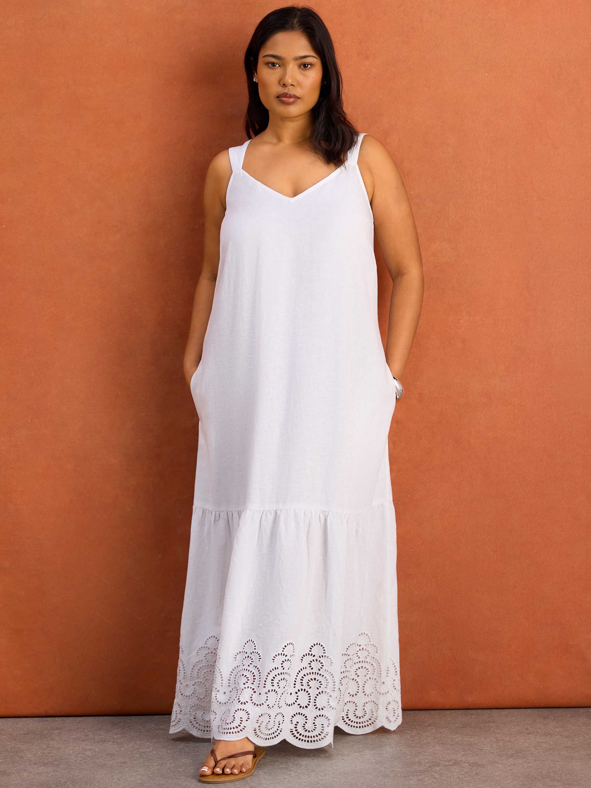 White Linen Blend Broderie Maxi Dress - Image 2