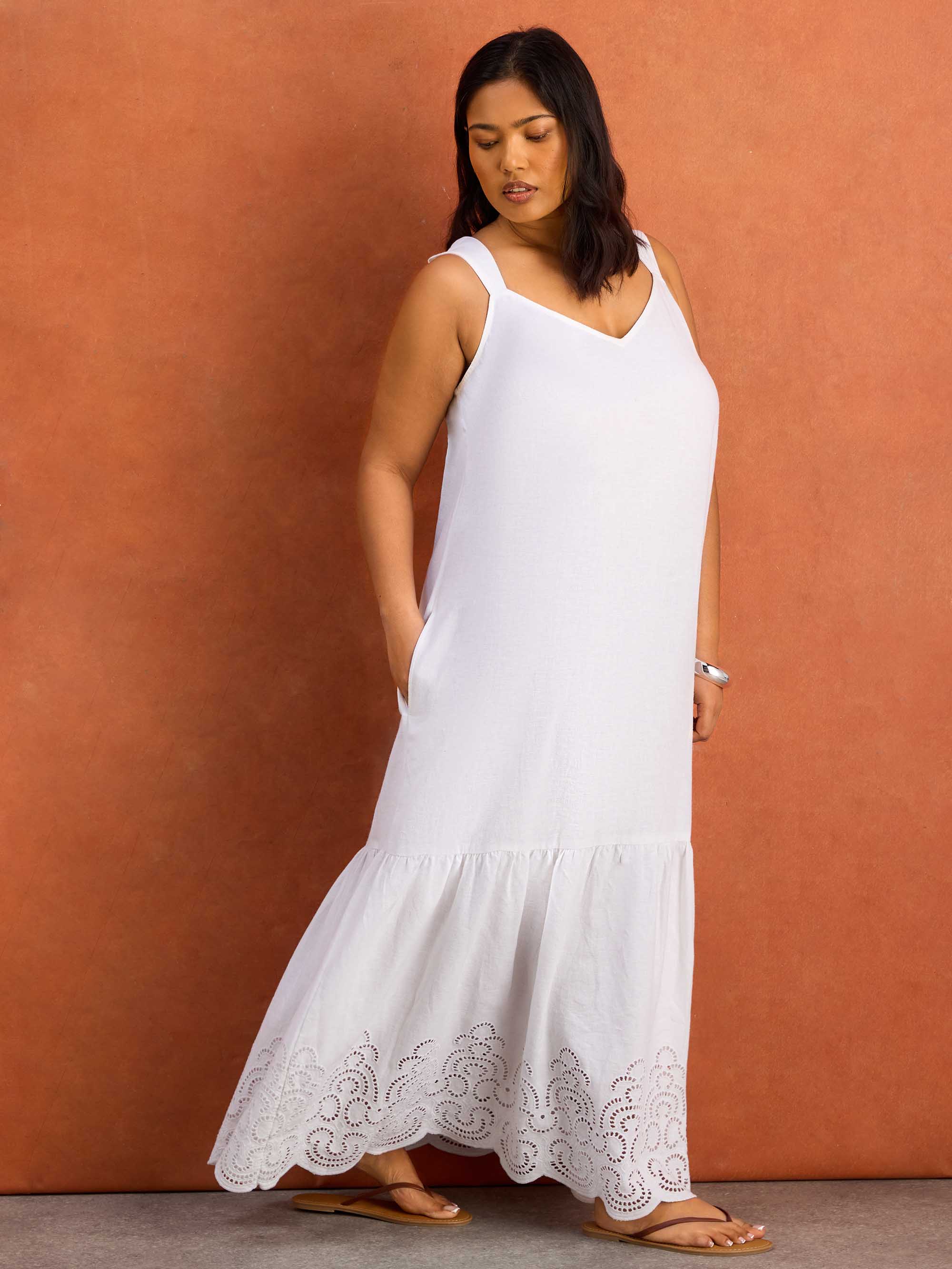 White Linen Blend Broderie Maxi Dress - Image 3