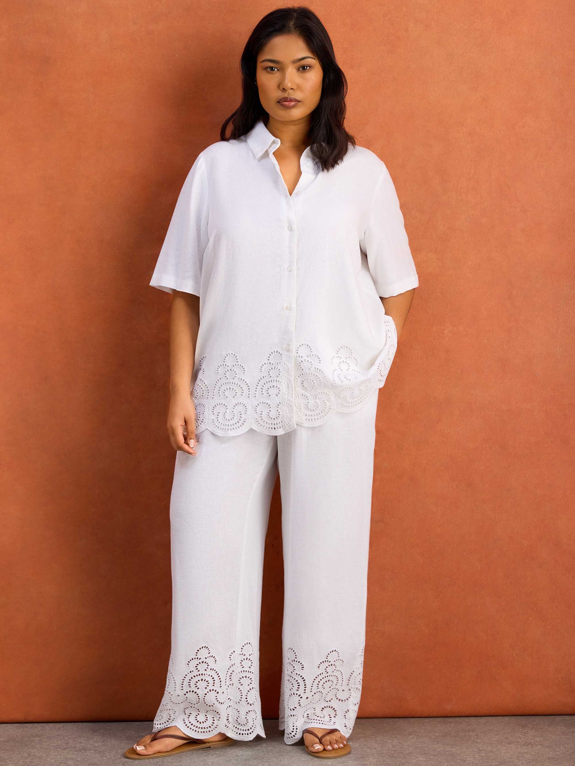 White Linen Blend Broderie Shirt - Image 3