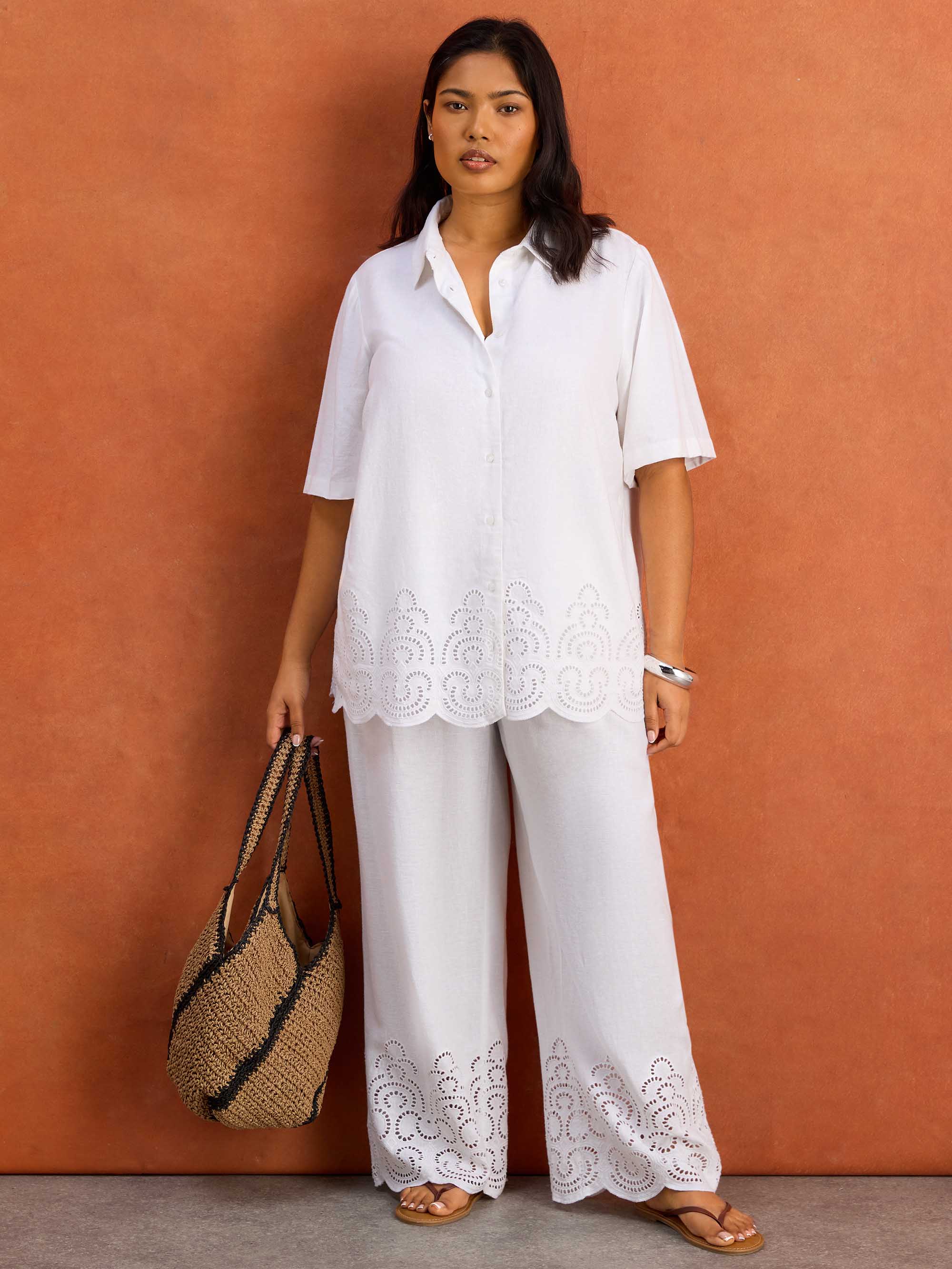 White Linen Blend Broderie Shirt - Image 5