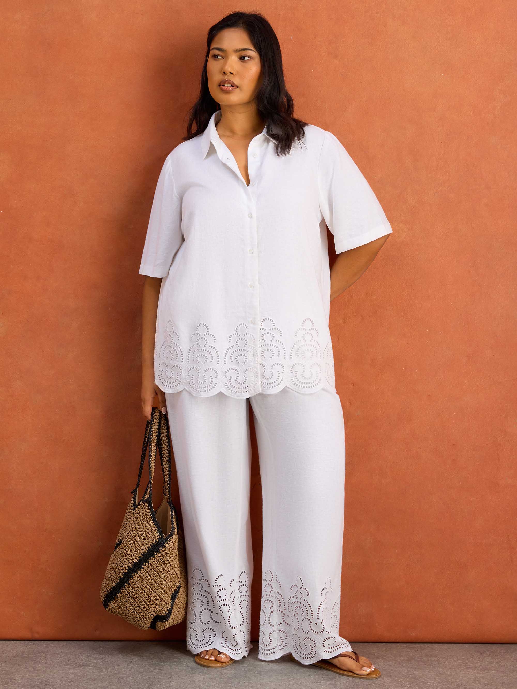 White Linen Blend Broderie Shirt - Image 7