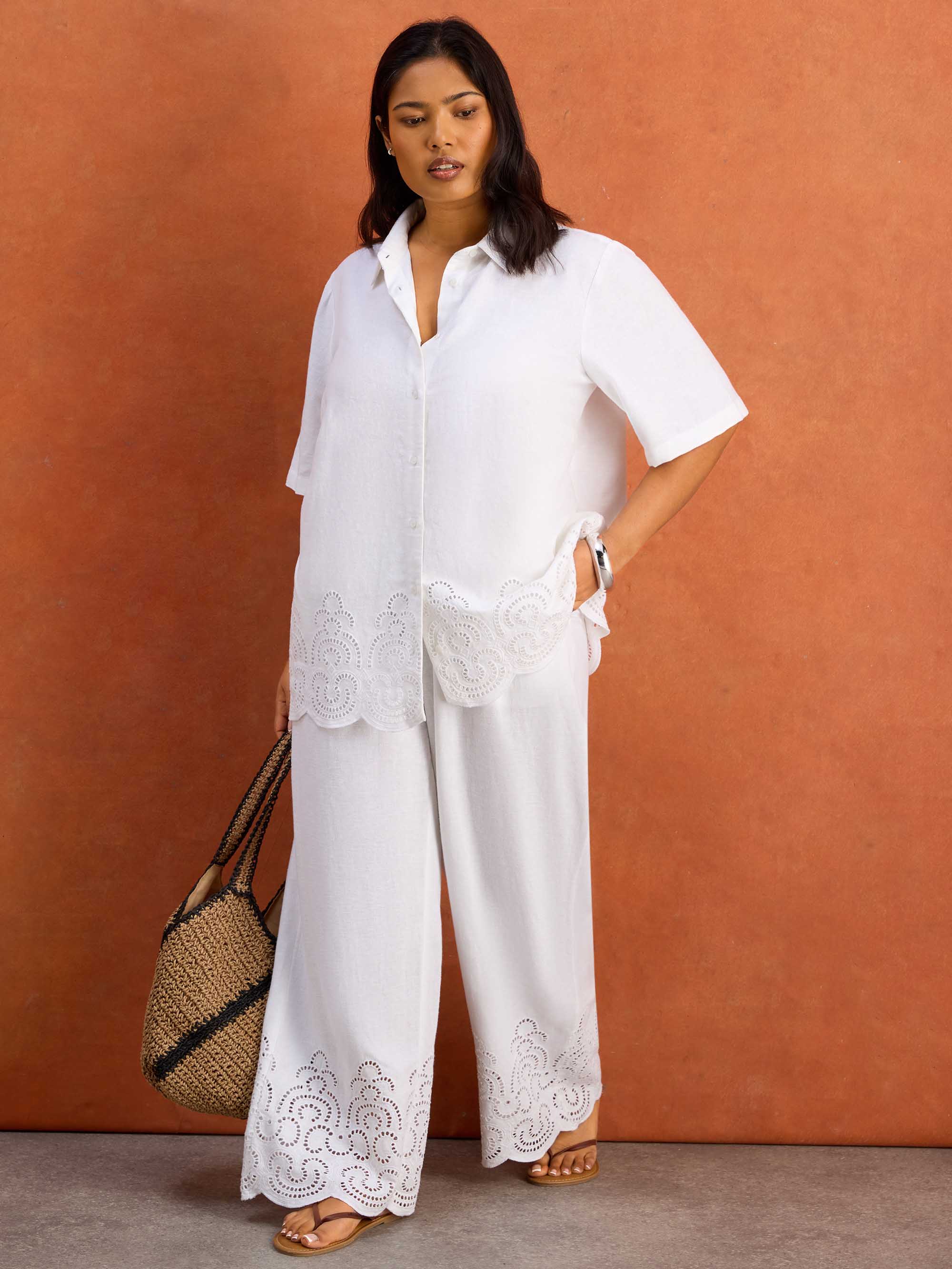 White Linen Blend Broderie Trouser - Image 3