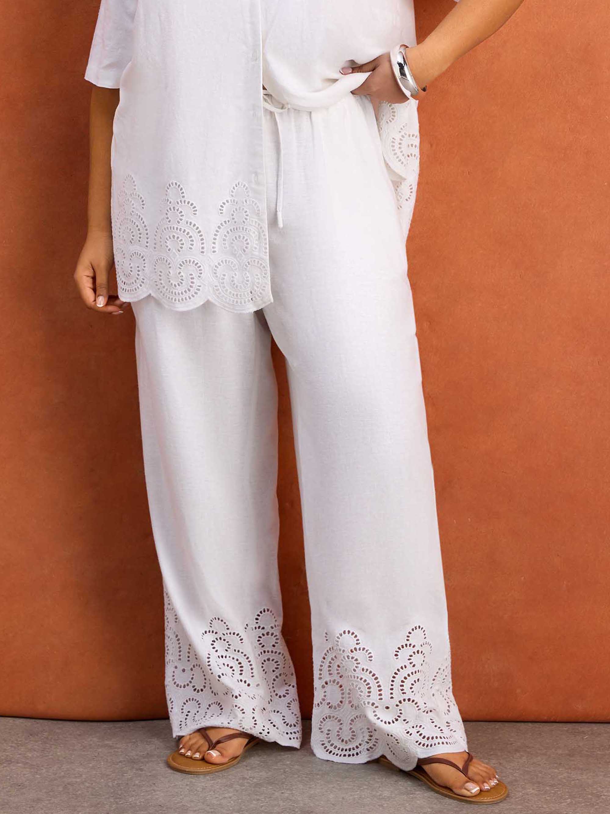 White Linen Blend Broderie Trouser - Image 4