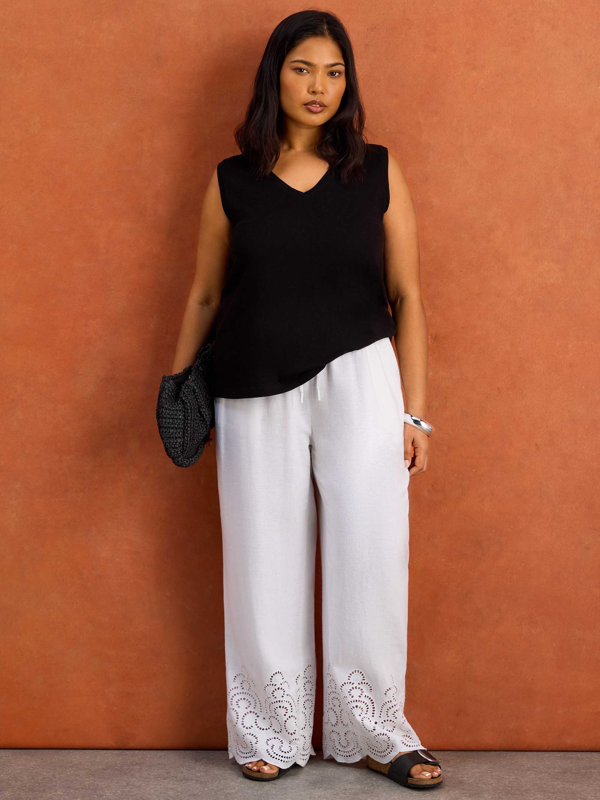 White Linen Blend Broderie Trouser - Image 5