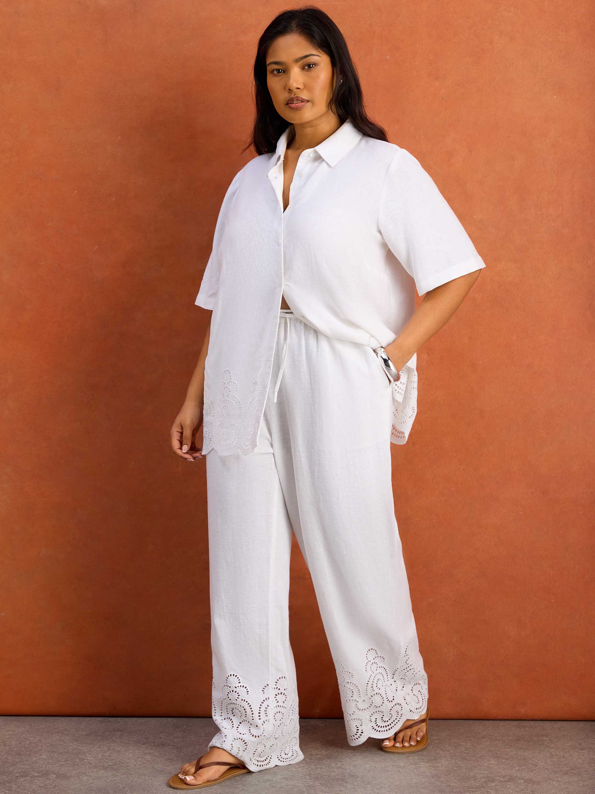 White Linen Blend Broderie Trouser - Image 6
