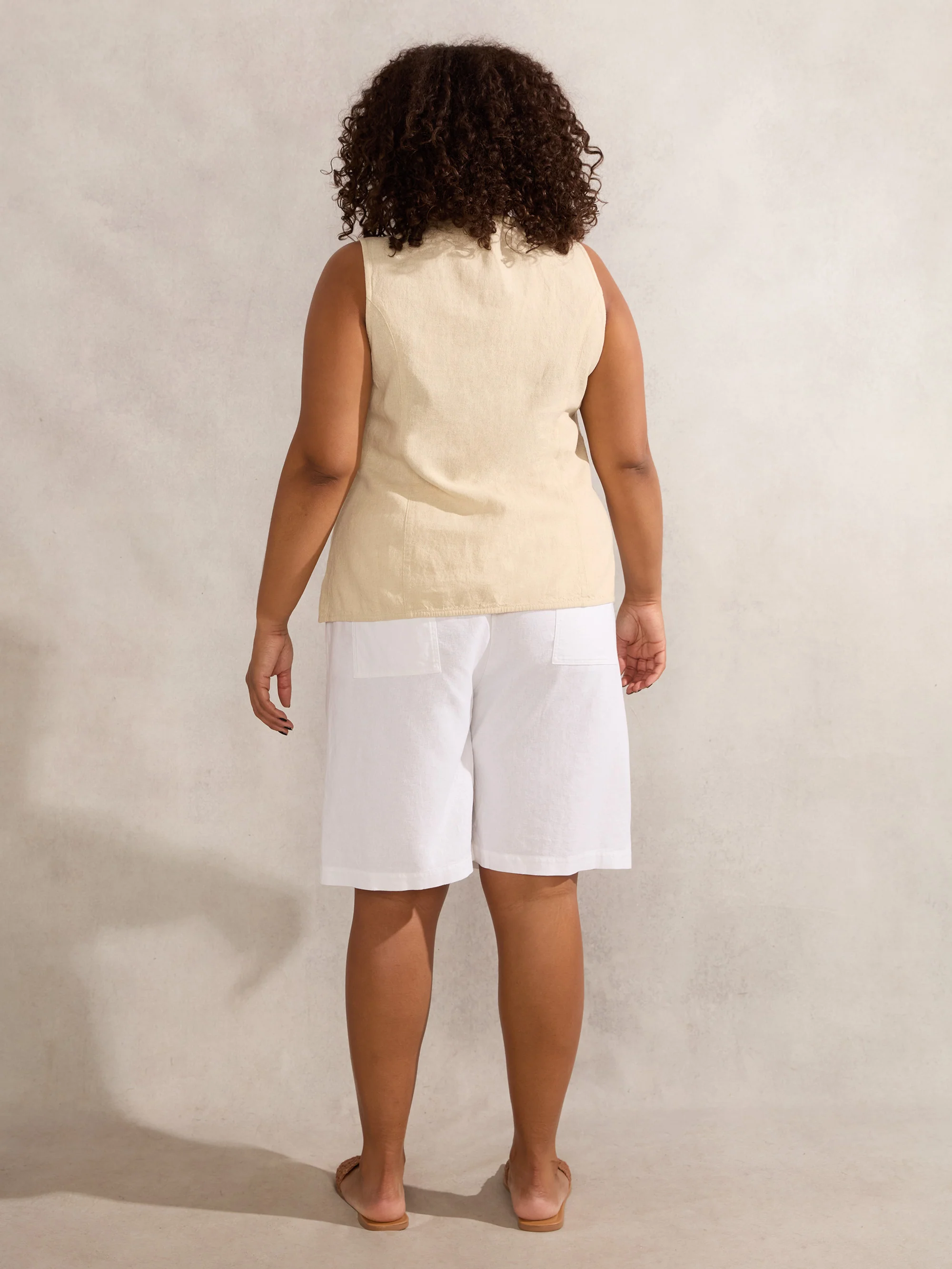White Linen Blend Drawstring Bermuda Shorts - Image 3