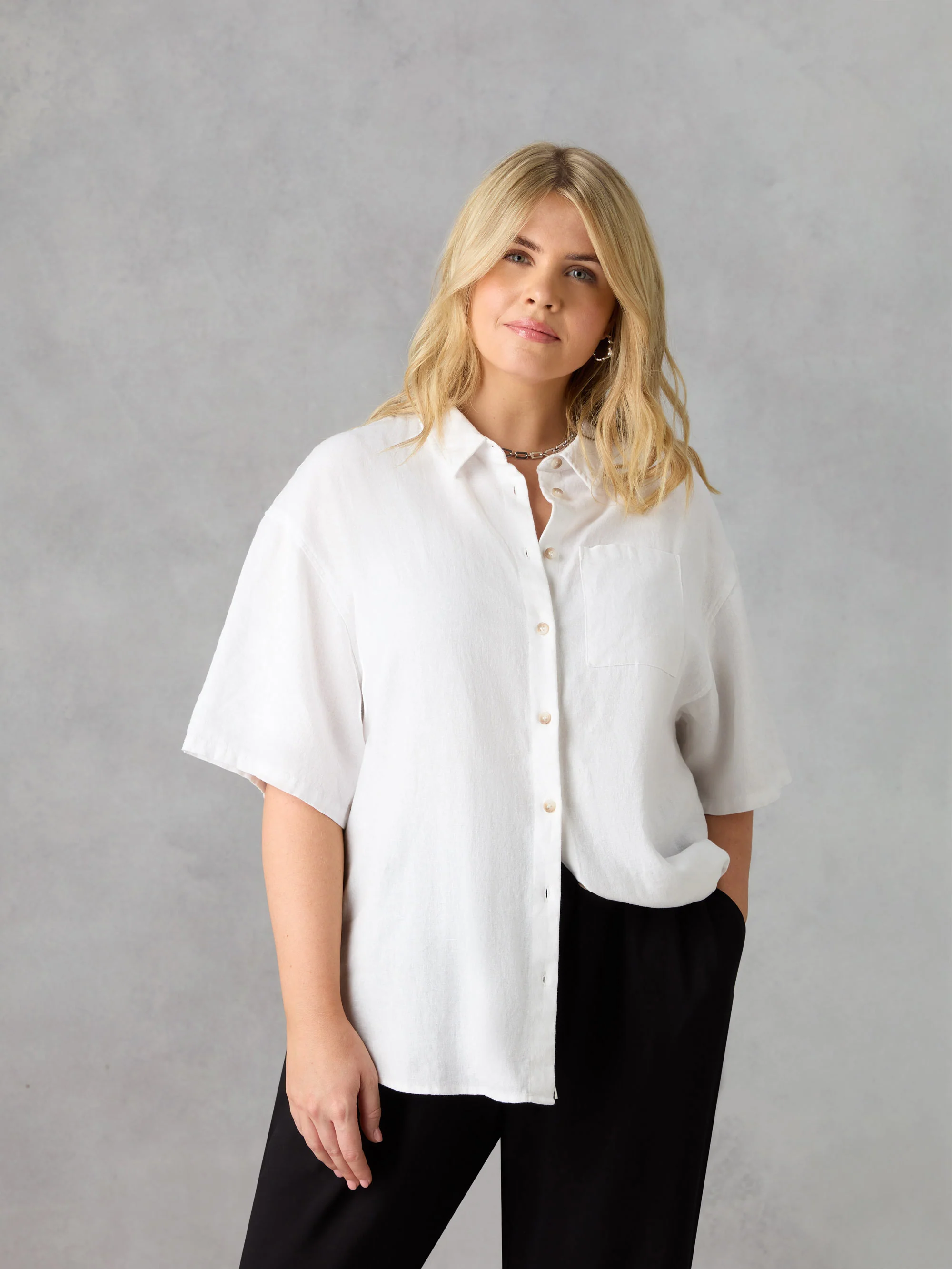 White Linen Mix Short Sleeve Shirt - Image 3