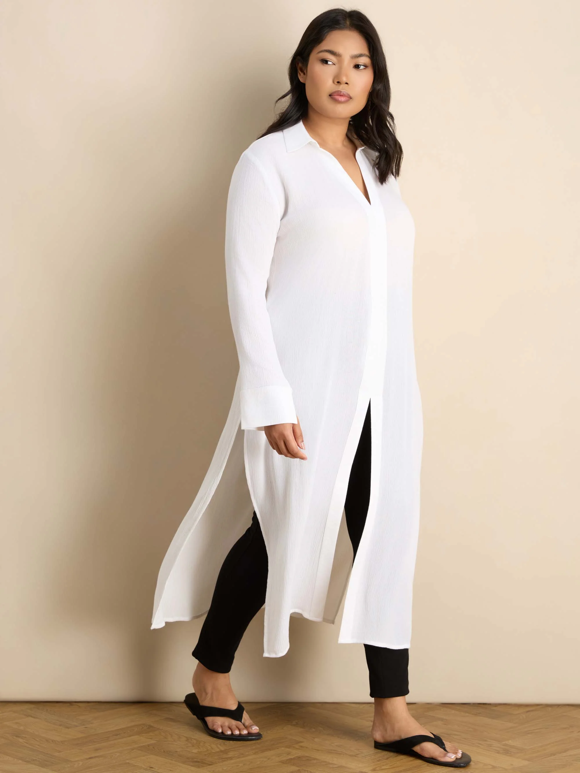 White Split Front Crinkle Tunic - Image 3
