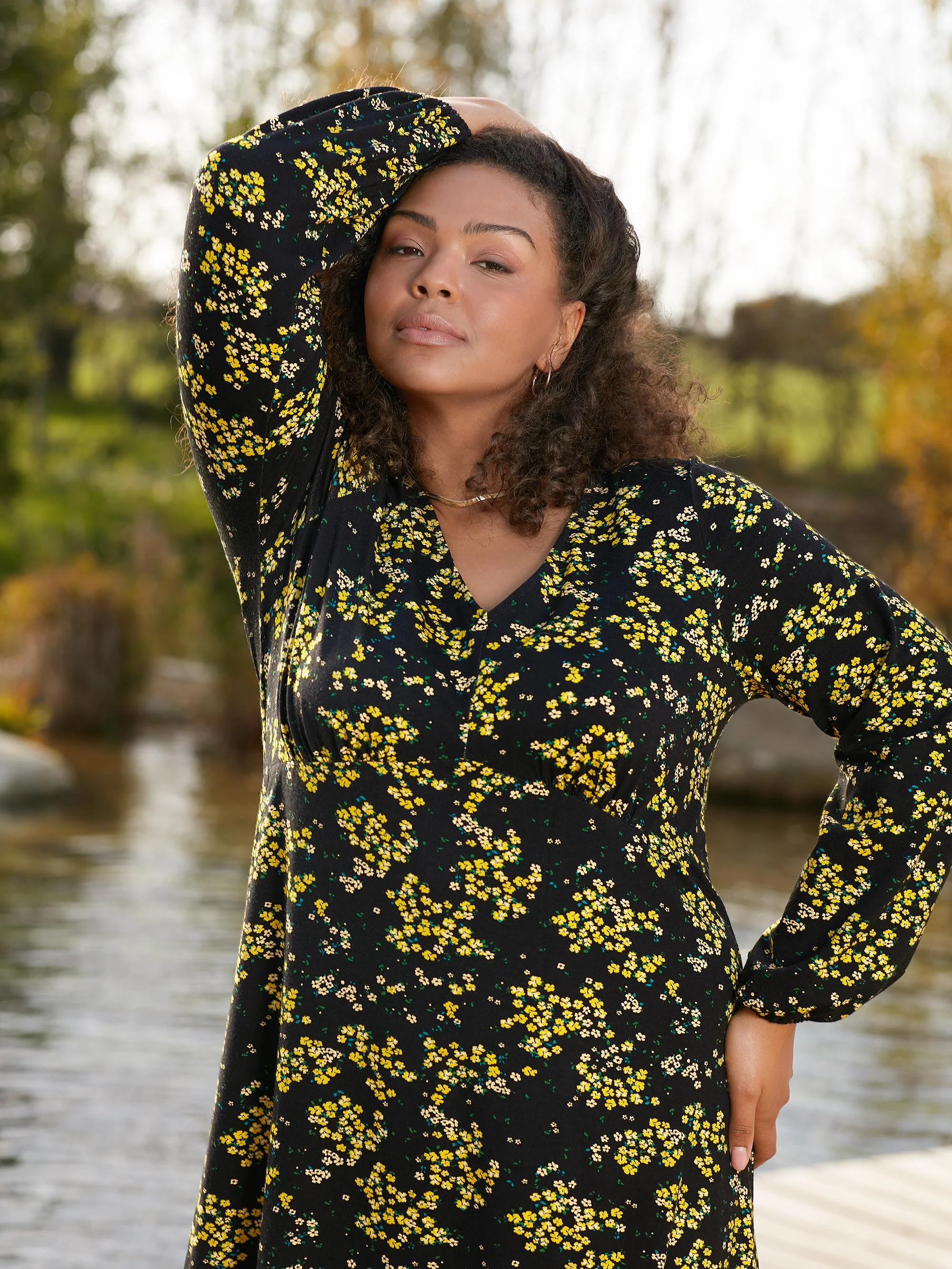 Yellow Ditsy Print Jersey Gathered Waist Midi Dress - Image 2