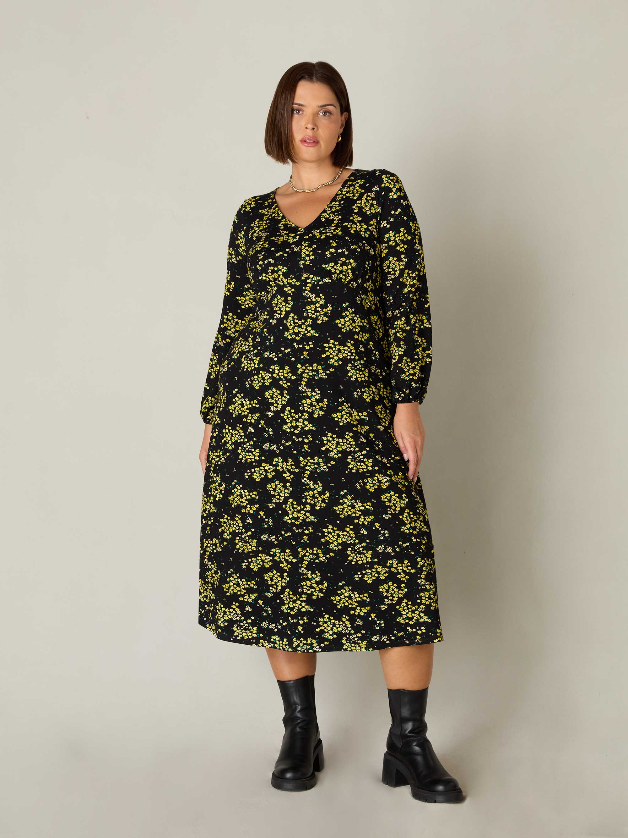 Yellow Ditsy Print Jersey Gathered Waist Midi Dress - Image 3