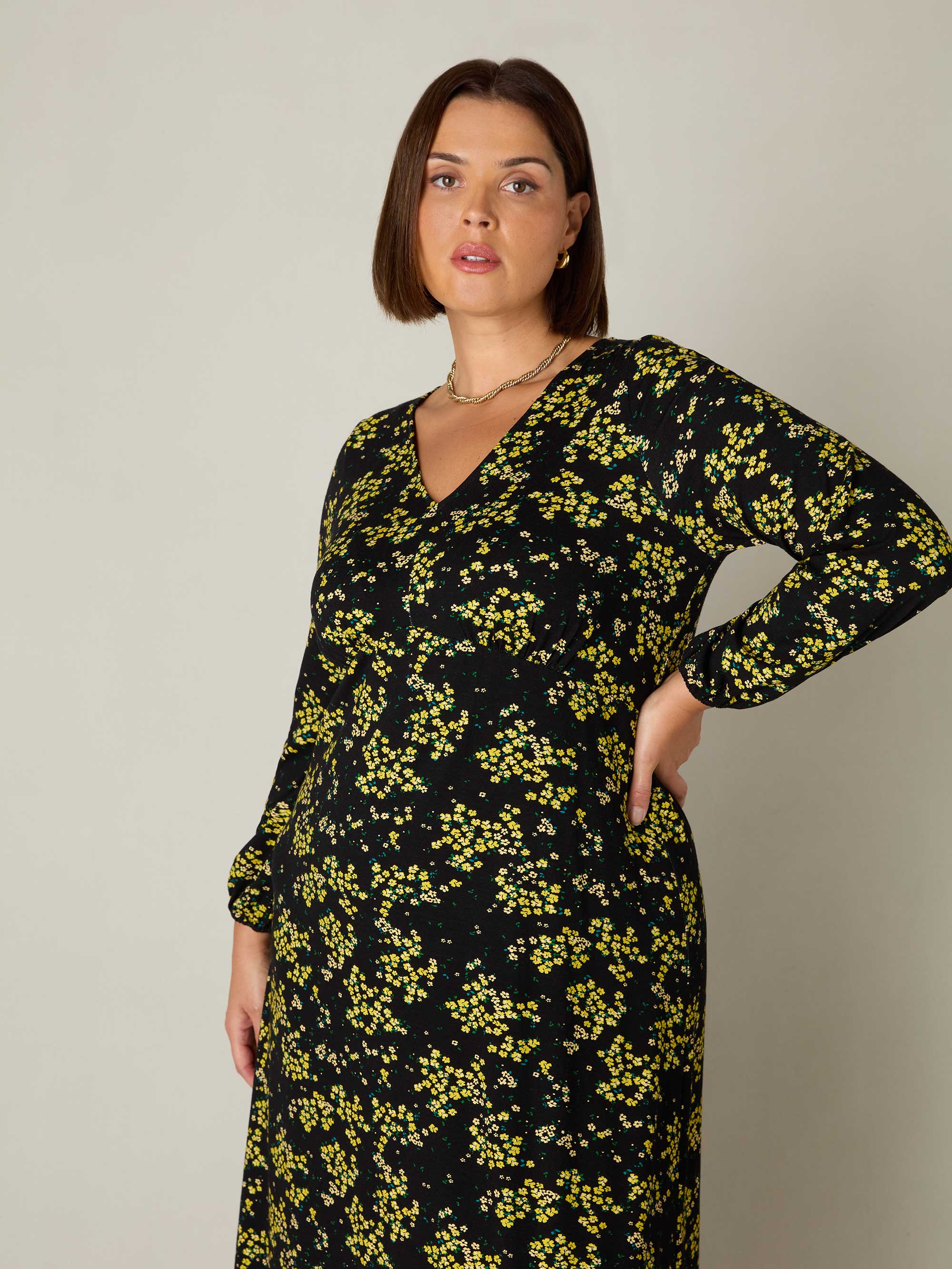 Yellow Ditsy Print Jersey Gathered Waist Midi Dress - Image 4