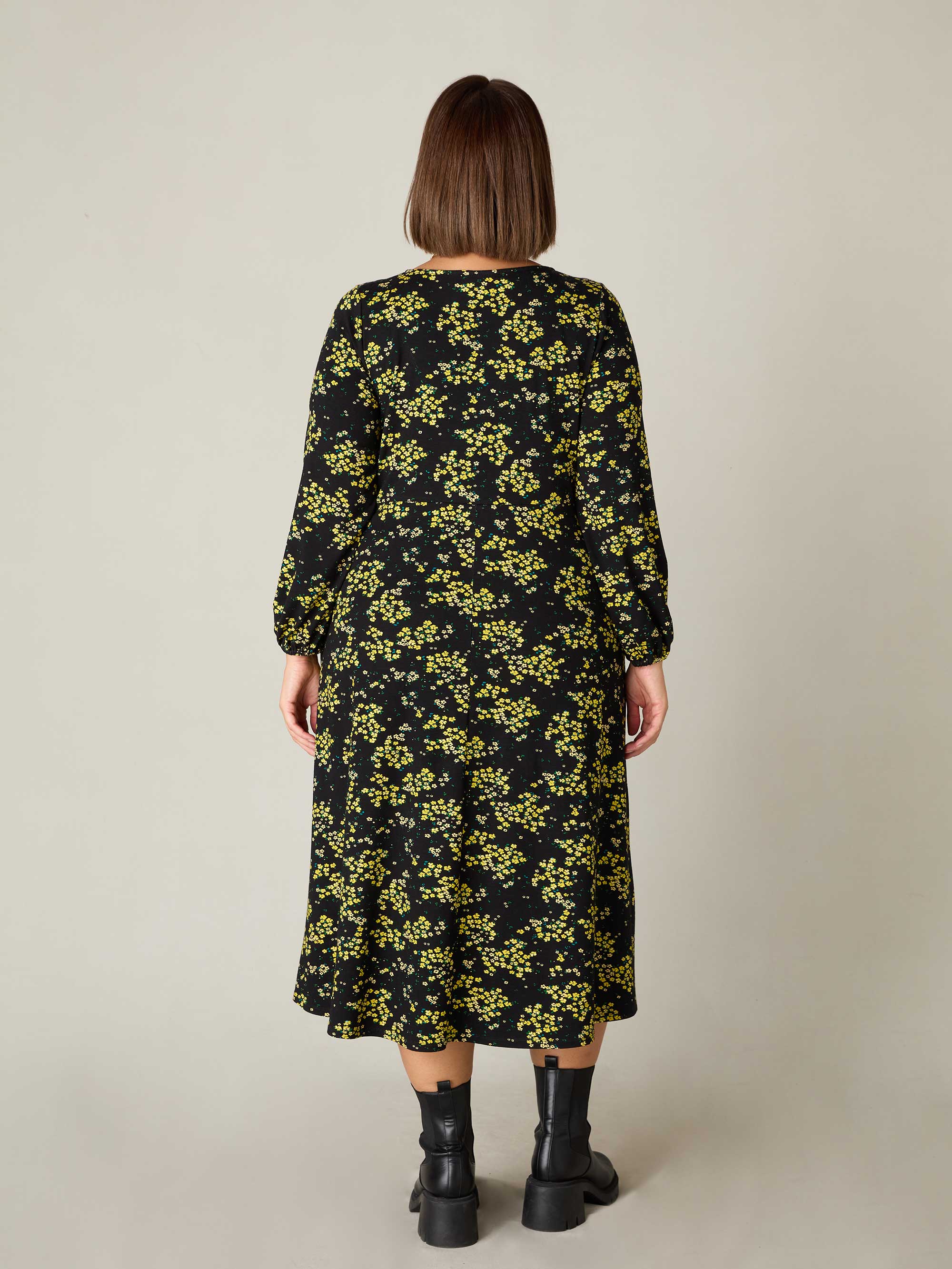 Yellow Ditsy Print Jersey Gathered Waist Midi Dress - Image 5