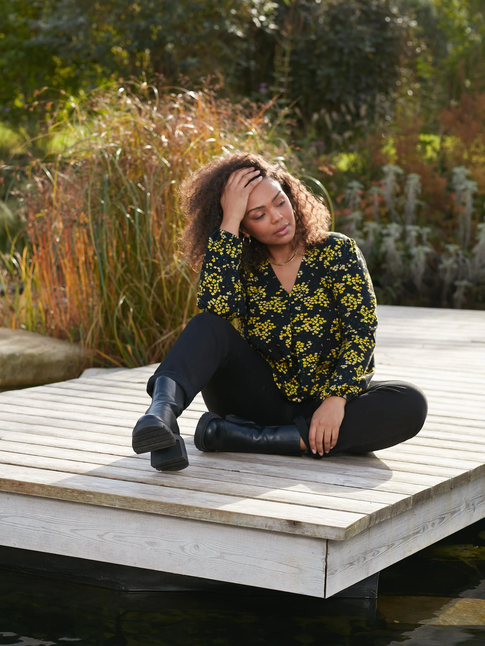 Yellow Ditsy Print Jersey Pleat Front Top - Image 2