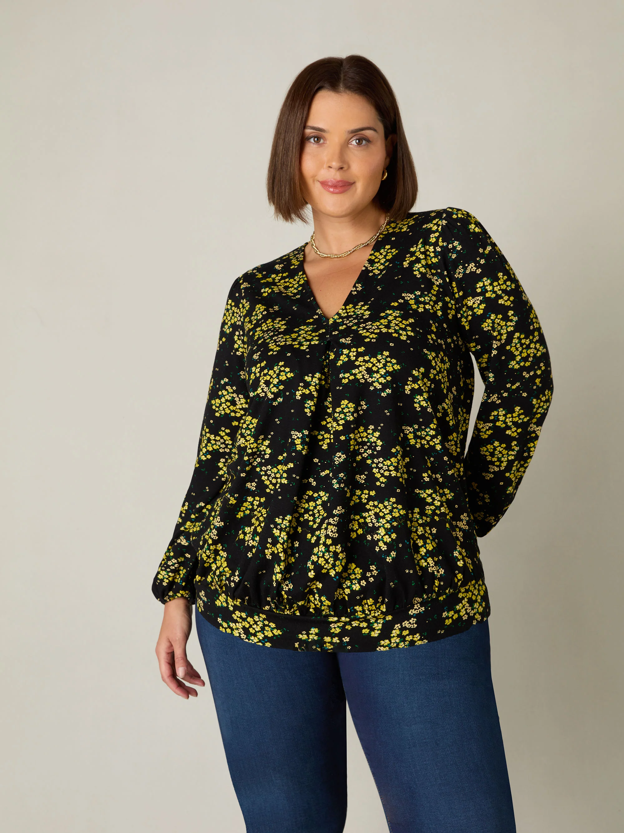 Yellow Ditsy Print Jersey Pleat Front Top - Image 4