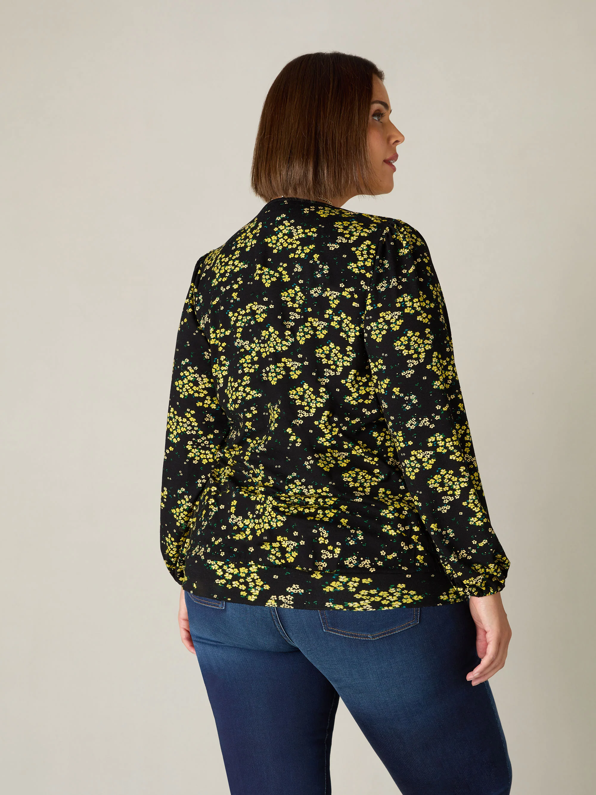 Yellow Ditsy Print Jersey Pleat Front Top - Image 6