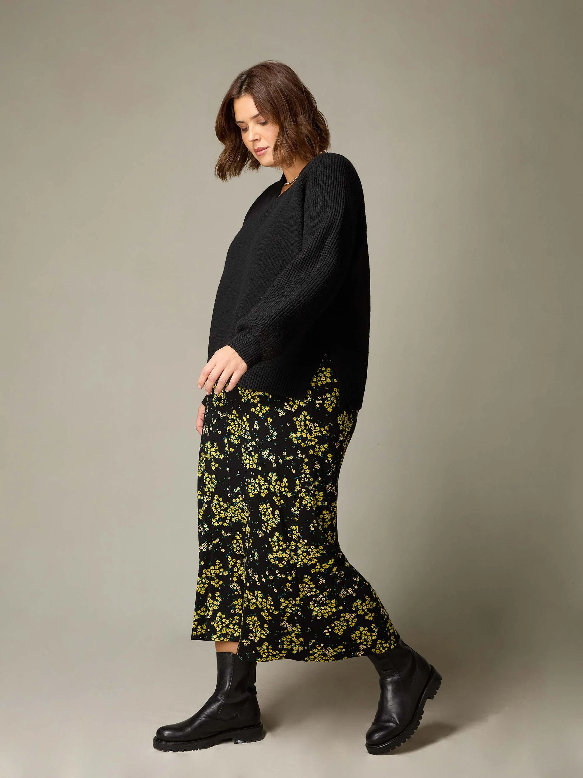 Yellow Ditsy Print Jersey Swing Skirt - Image 4